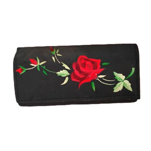 1960s Vintage Black Fabric Clutch Purse with Red Rose Embroidery and Mirror - Picture 1 of 5